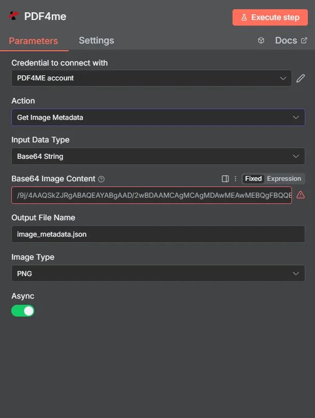 O nó n8n PDF4me Obter Metadados da Imagem mostra o Tipo de Dados de Entrada definido como Dados Binários, o Campo Binário de Entrada definido como dados, o Nome do Arquivo de Saída definido como image_metadata.json, o Tipo de Imagem definido como PNG e a opção Assíncrono definida como falsa.